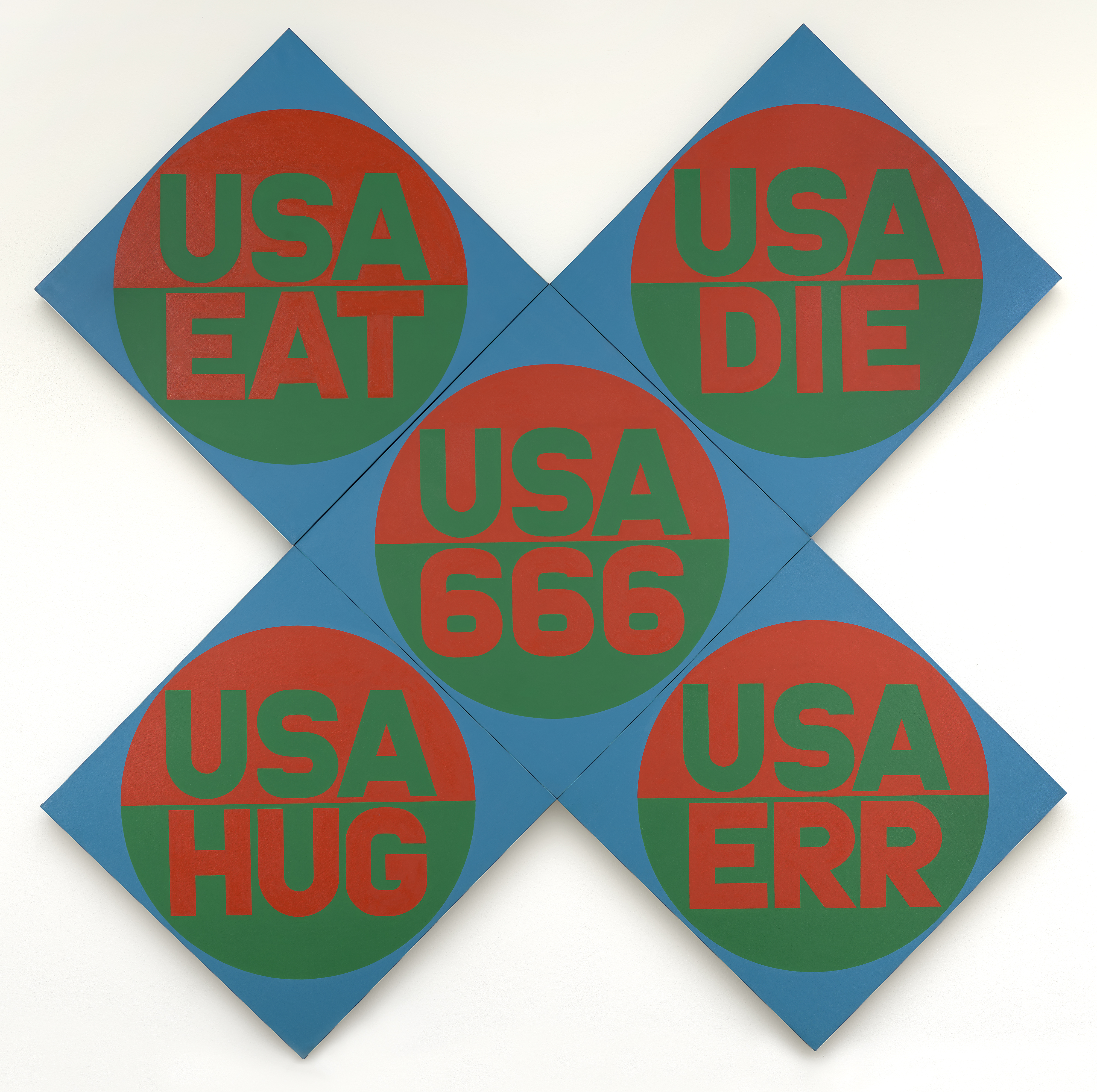 Museum Ludwig Koeln, ML, ML 01049, Indiana, Robert, USA 666 (Eat, Die, Err, Hug) II, 1966/1967, Acryl auf Leinwand, 5 Tafeln, Streiflicht